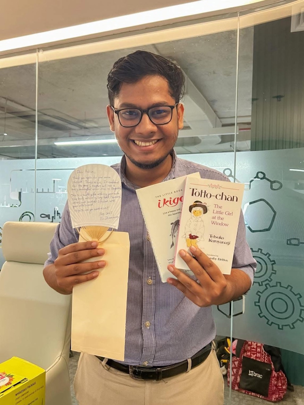 Receiving books and a handwritten note