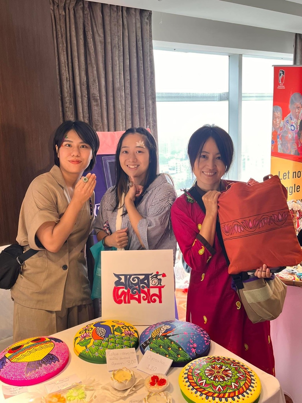 Craft table with three participants